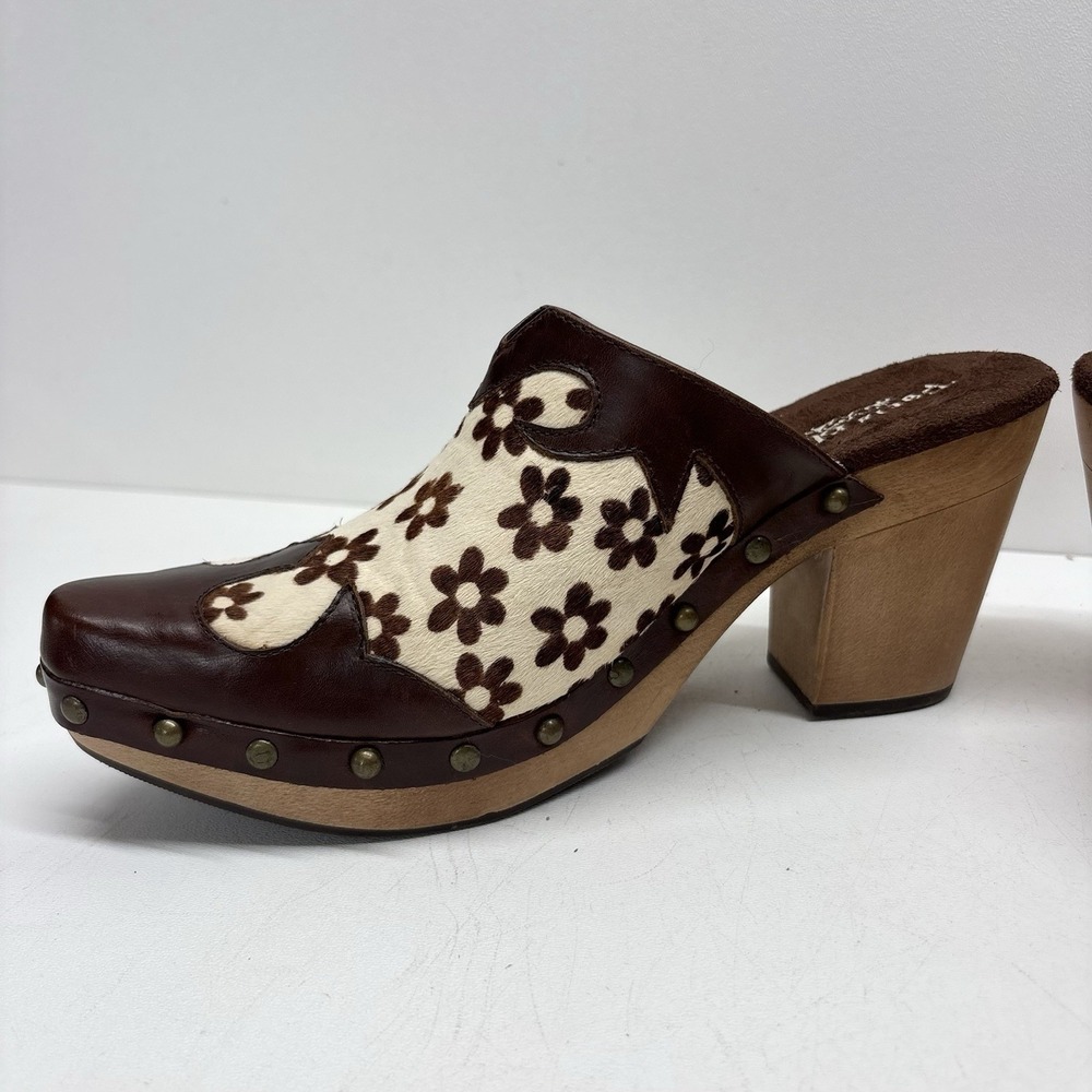 VTG Paris Blues Size 6.5 Brown White Cow Daisy Print Freda Wooden Platform Clogs - Picture 6 of 11